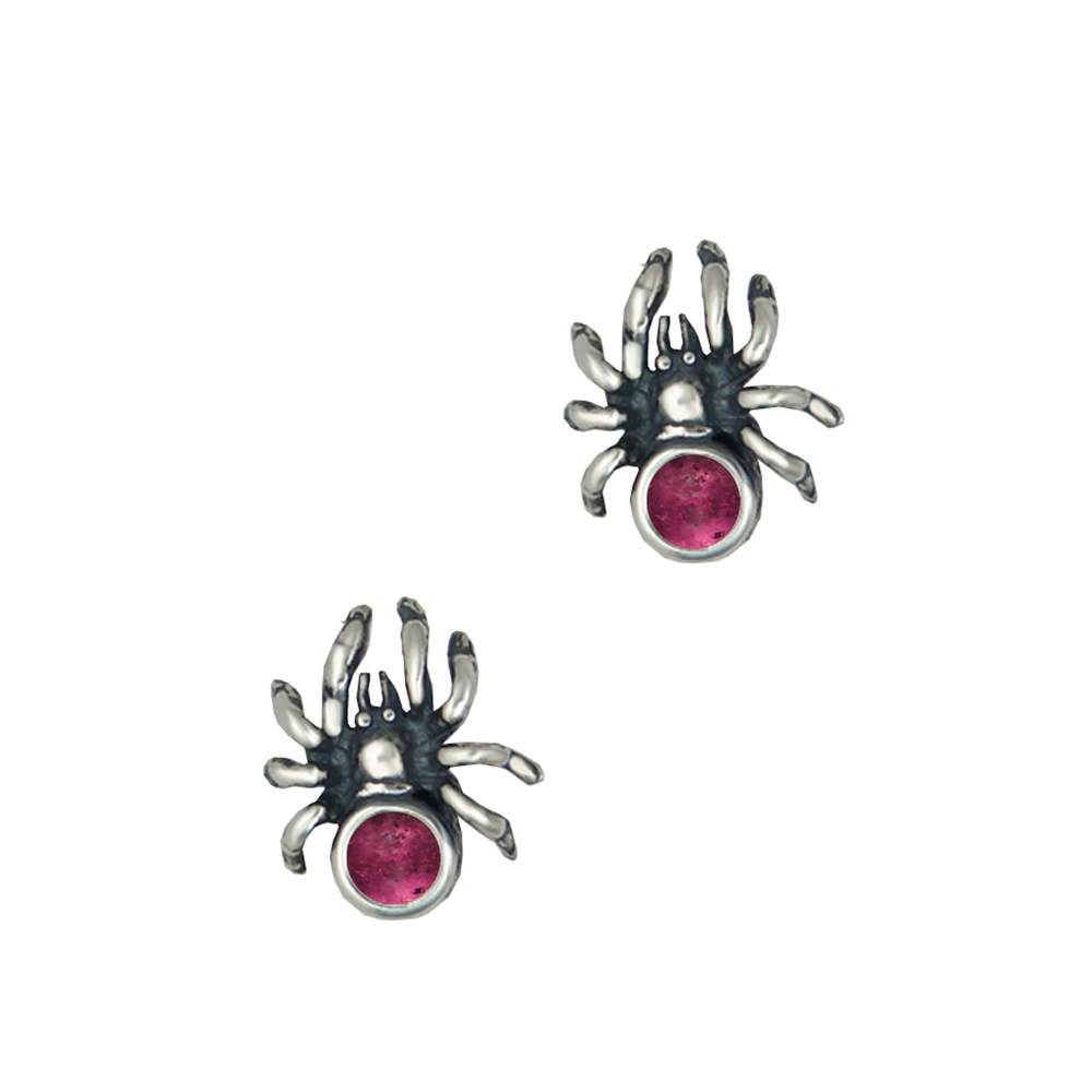 Sterling Silver Small Spider Post Stud Earrings With Pink Tourmaline